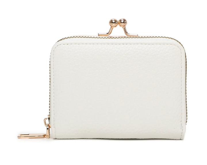 A white clutch purse with gold detail and a zipper closure.