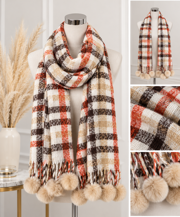 check print winter scarves displayed on mannequins in Cream &amp; Rust, Pink and Black &amp; Mustard, featuring fluffy faux fur pom pom detailing.