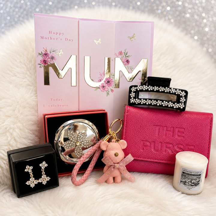 Luxury Mother’s Day gift bundle featuring a Mother’s Day card, purse, jewellery, scented candle and coordinating fashion accessories