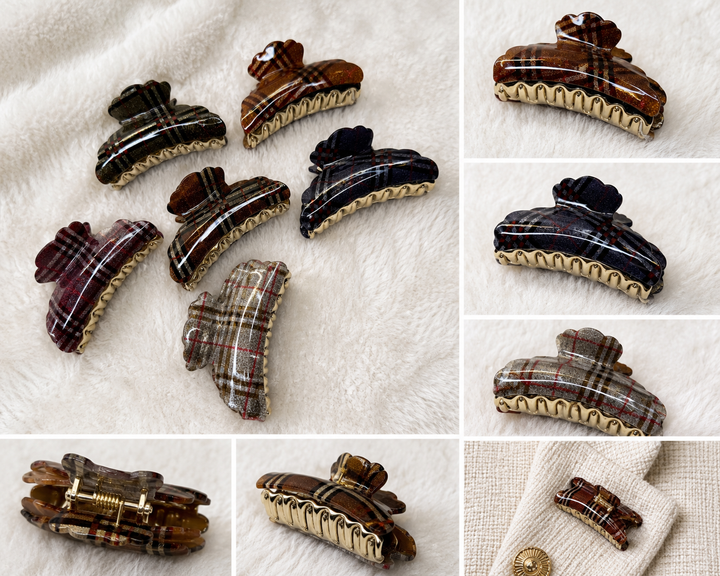 Glossy tartan plaid hair claw clip with strong spring grip 