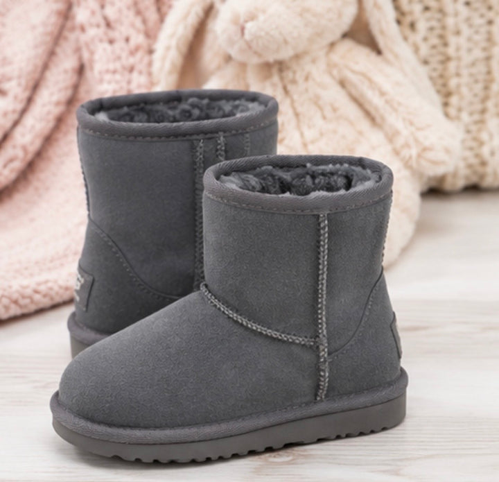 Grey children’s faux suede winter boots with soft faux fur lining