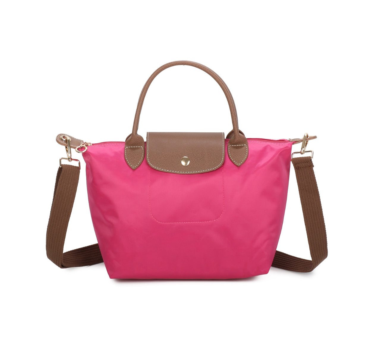 Pink handbag with brown handles and strap