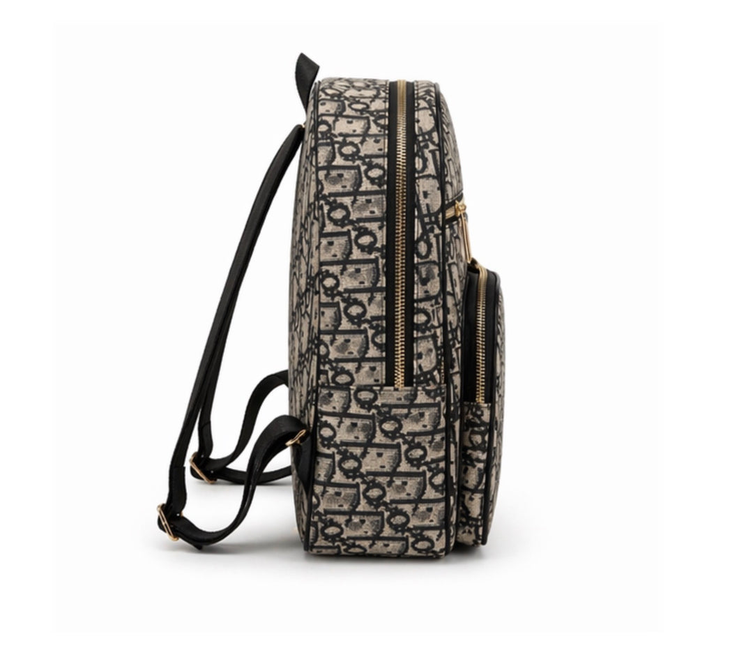 Designer Inspired Monogram Print Backpack with Multiple Compartments