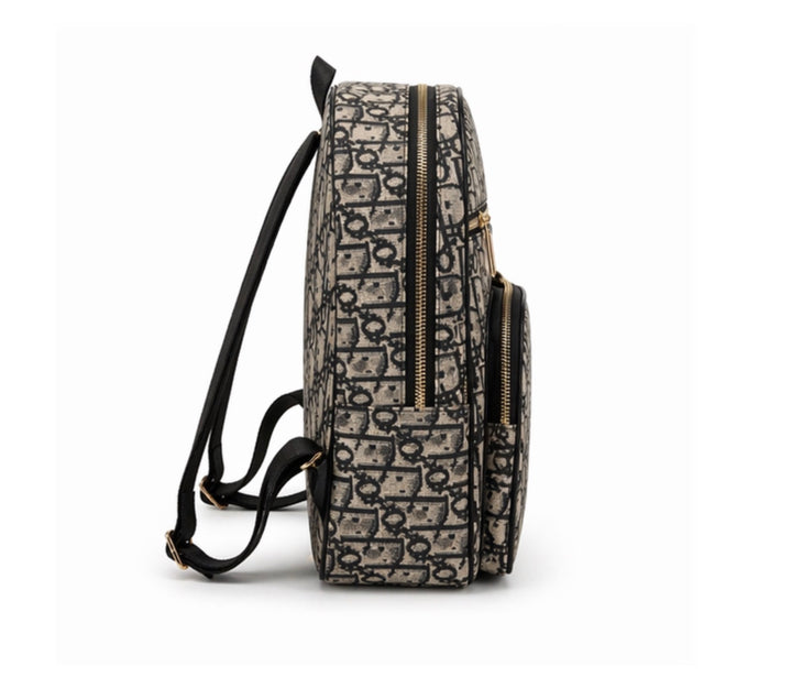 Designer Inspired Monogram Print Backpack with Multiple Compartments