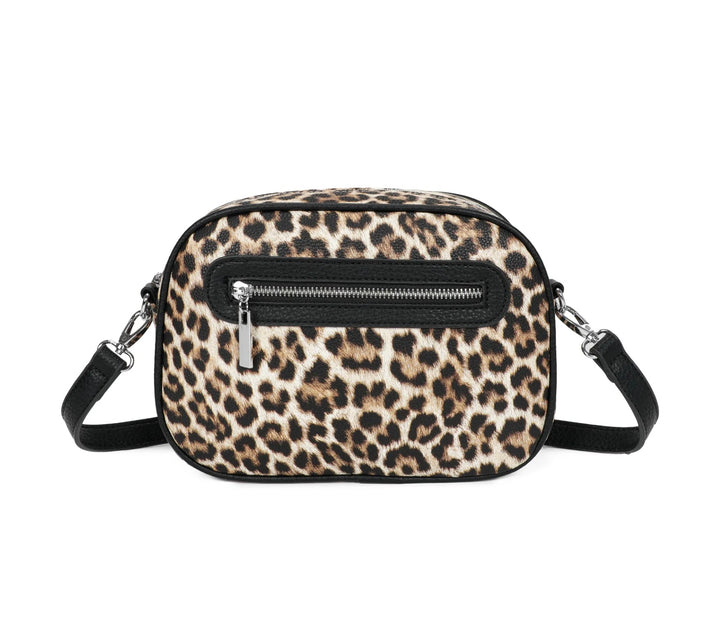 Leopard print crossbody bag with black detailing and silver hardware 