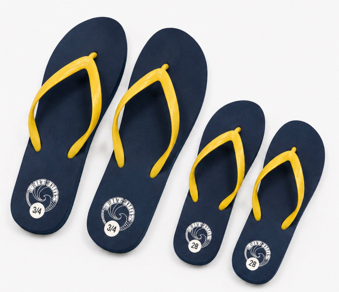 Navy blue flip flops with bright yellow straps 