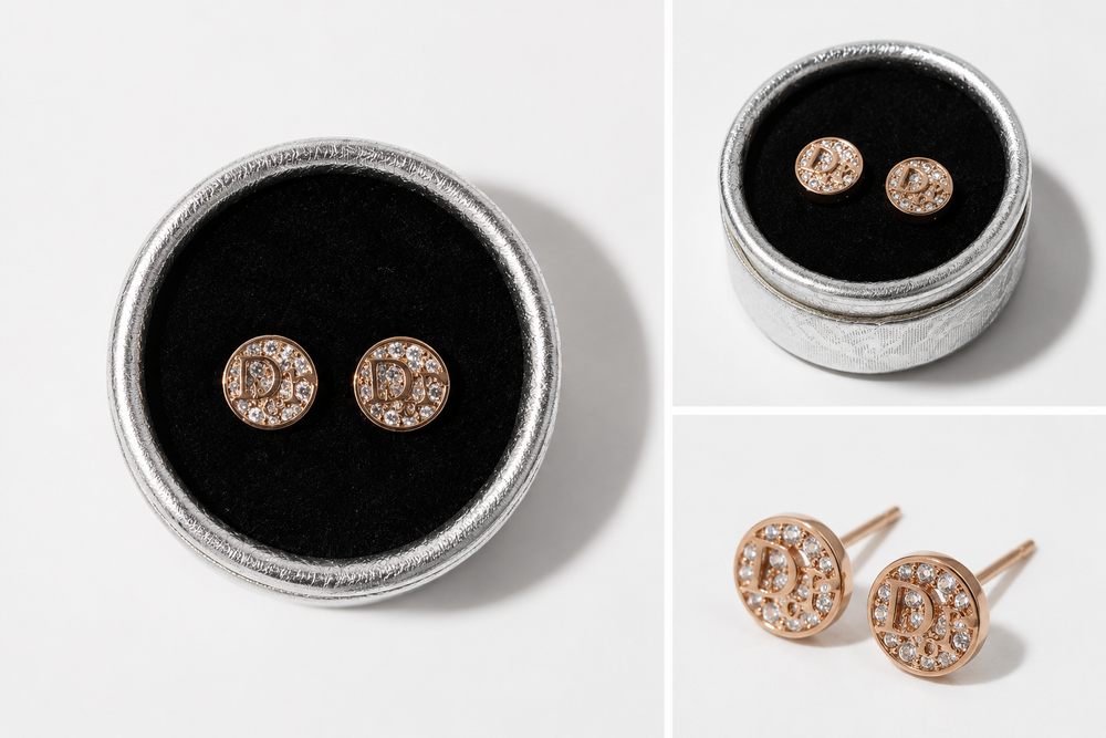 Rose gold crystal letter stud earrings displayed in a silver jewellery box