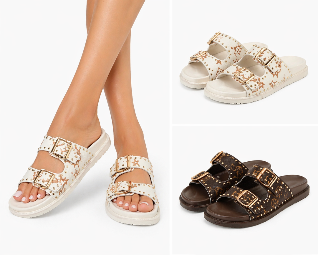     floral buckle sliders faux leather summer sandals