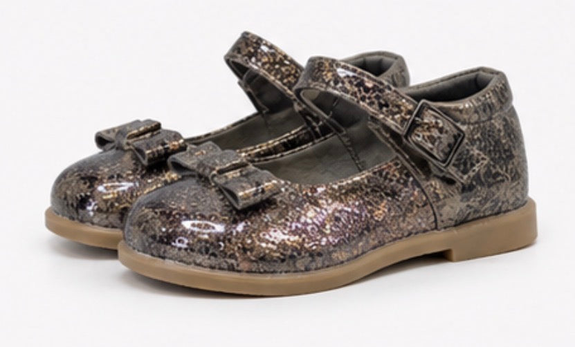 Girls glitter shoes with buckle strap and bow detail in bronze snake print