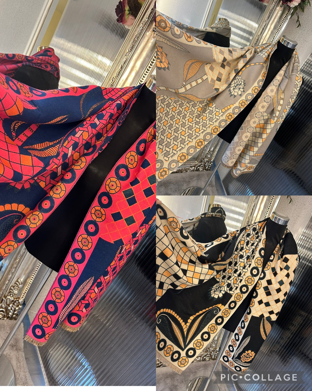 combination of 3 different coloured scarves with the same design