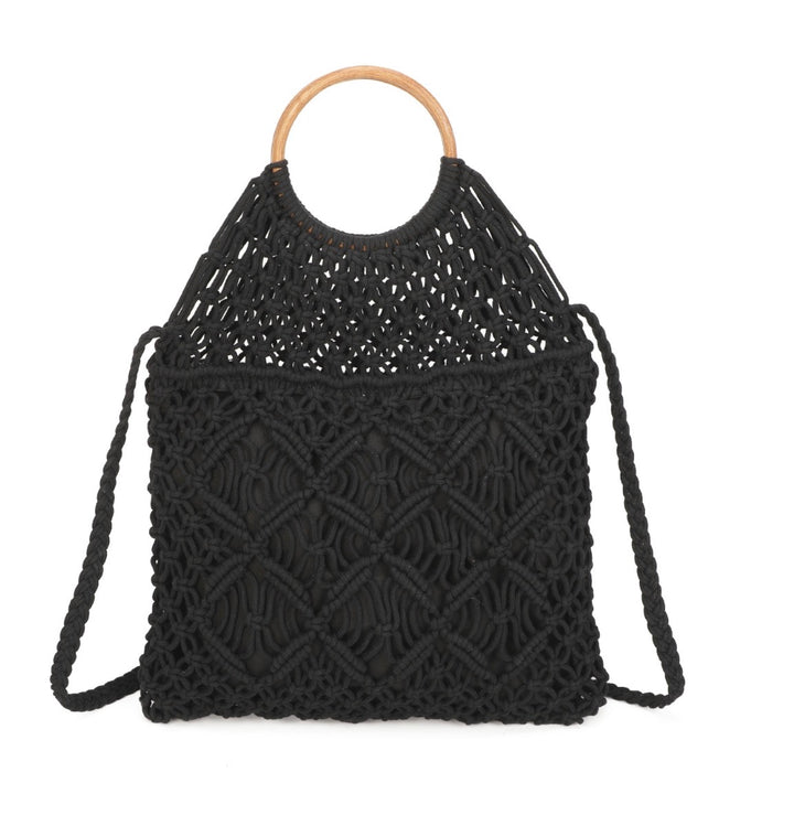 Black woven handbag with wooden handle