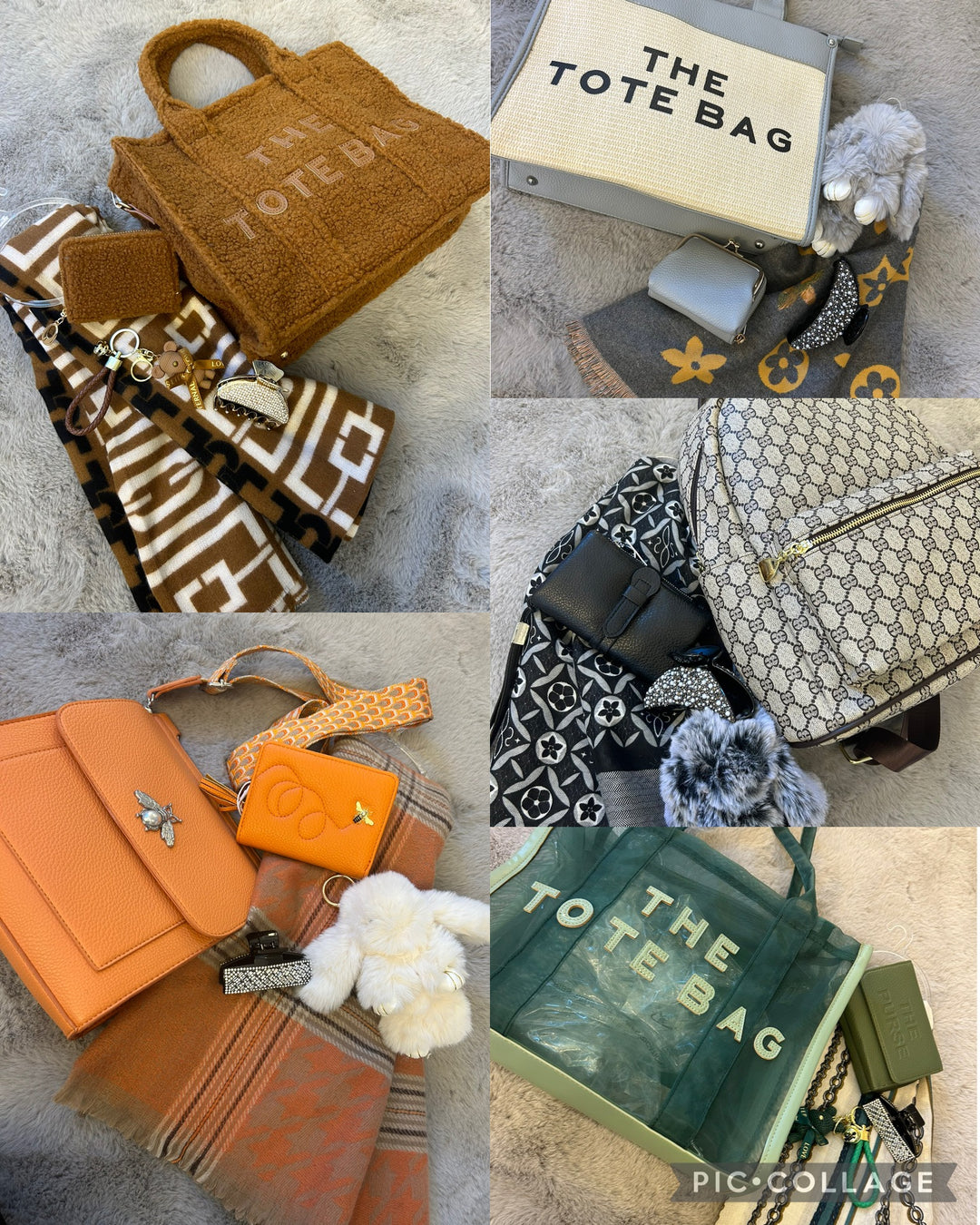 A collage of various handbag bundles, each containing a handbag, a scarf, a hair clip, and a key ring, with options including a purse or a pair of sunglasses.