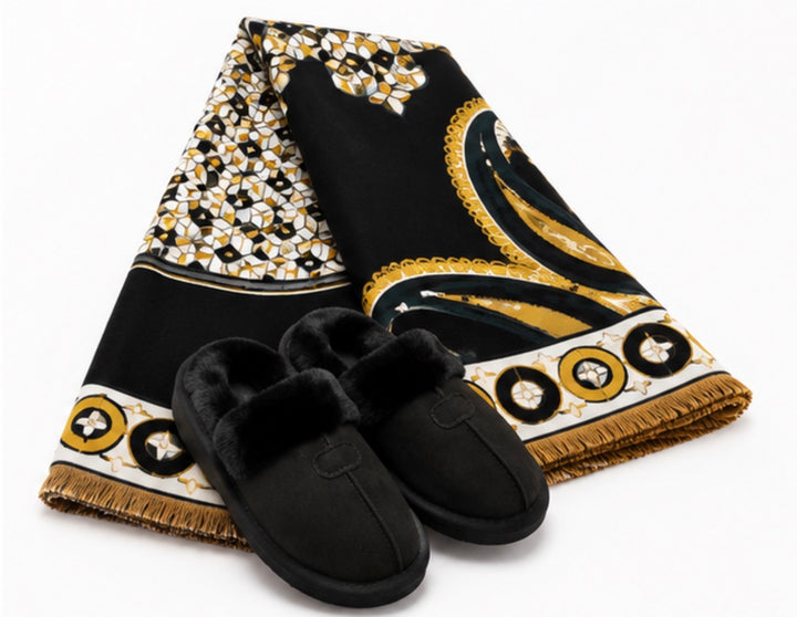 Luxury winter gift bundle featuring a soft scarf paired with black faux fur lined slippers