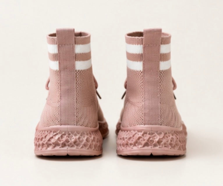 Blush pink sock fit knit trainers with lace-up fastening and striped ankle collar.