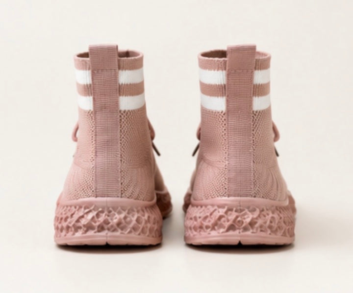 Blush pink sock fit knit trainers with lace-up fastening and striped ankle collar.