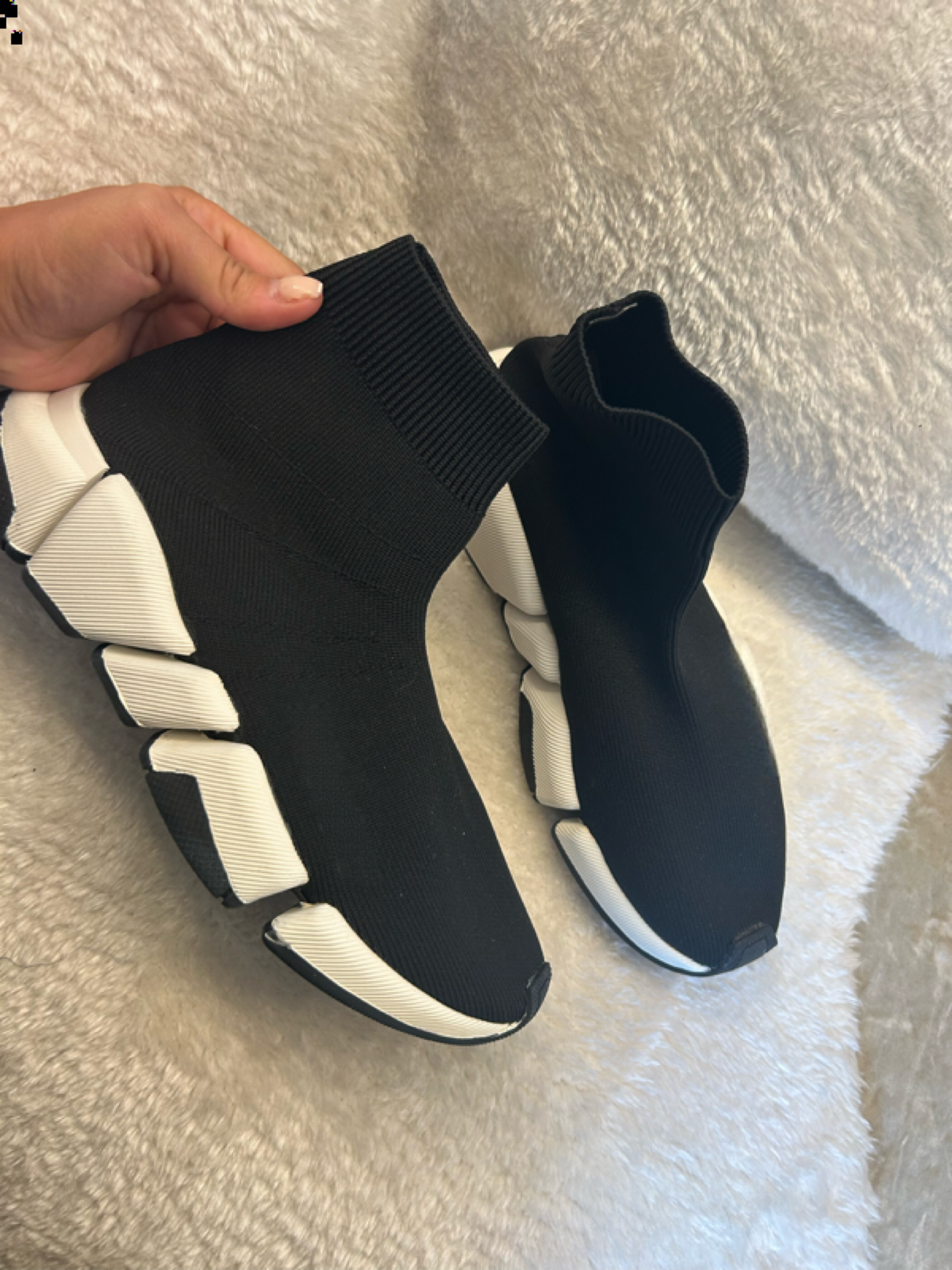 Black and white rubber sole sock trainers boot 