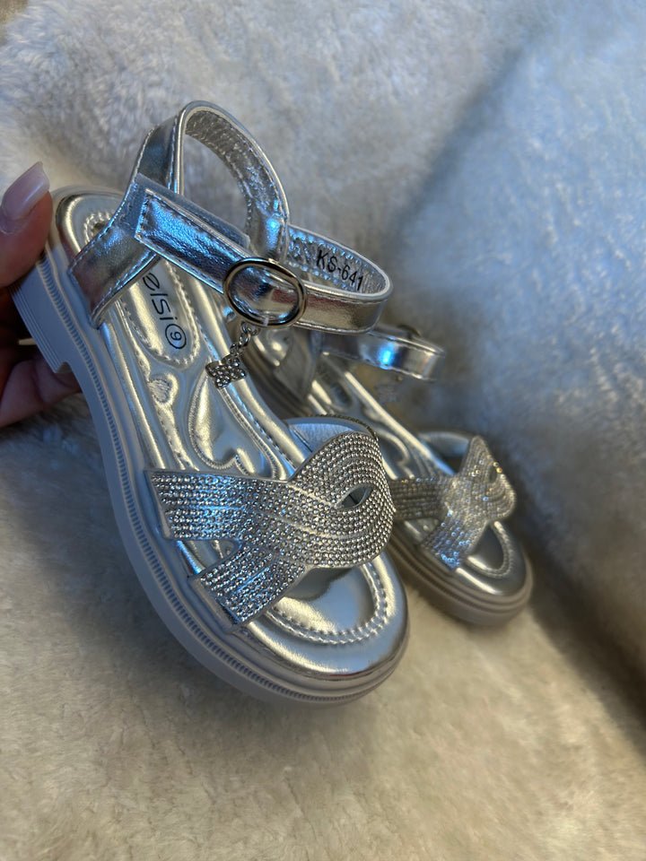 Girls Silver embellished crystal sandal shoes with hanging charm 