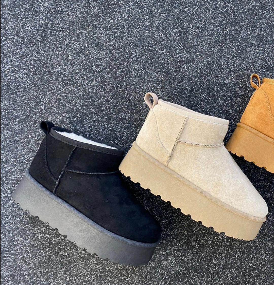 Black and beige chunky platform mini boots 