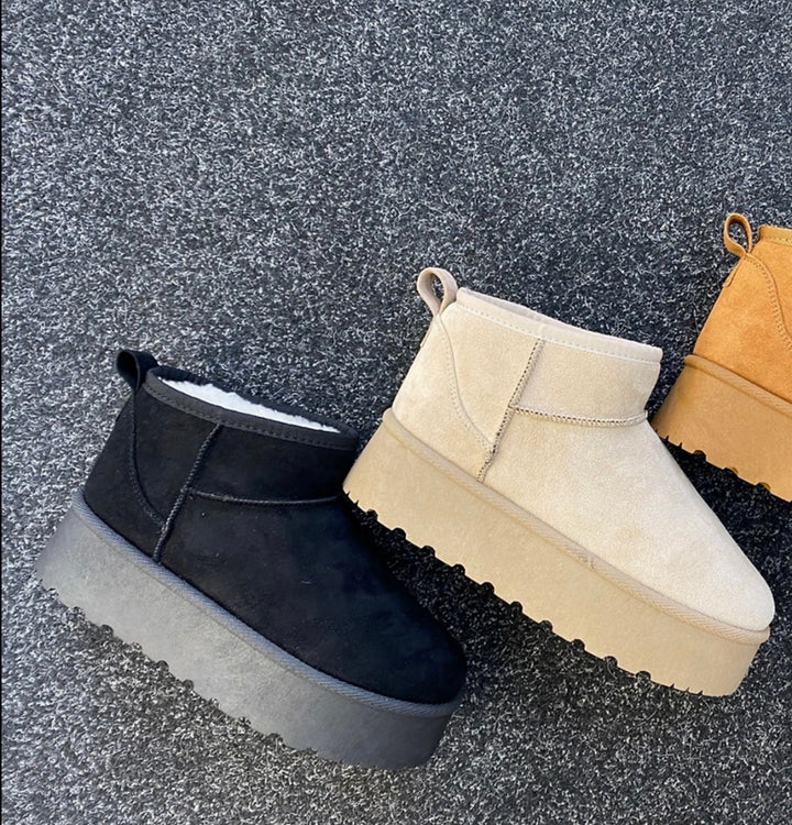 Black and beige chunky platform mini boots 