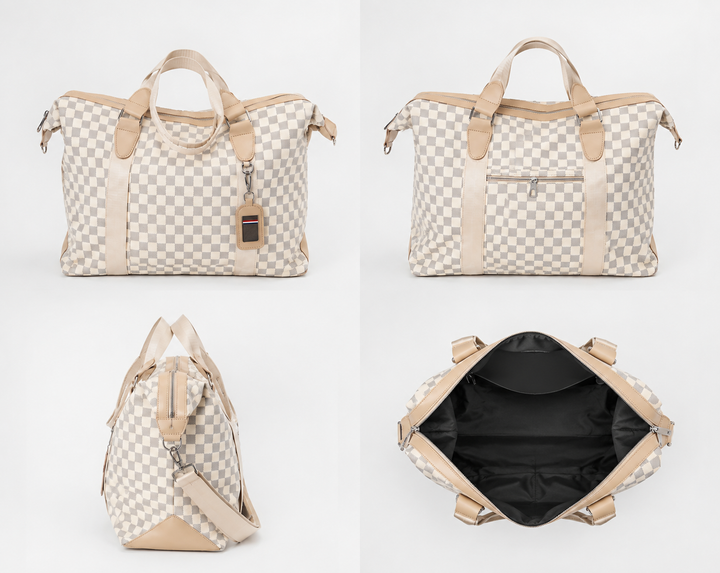 Luxury travel holdall weekend bag in checkerboard designs with detachable shoulder straps.