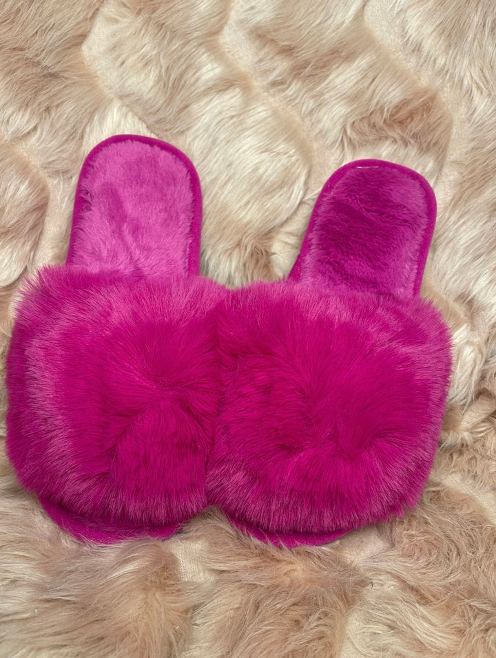 hot pink faux fur open toe slider slippers for kids