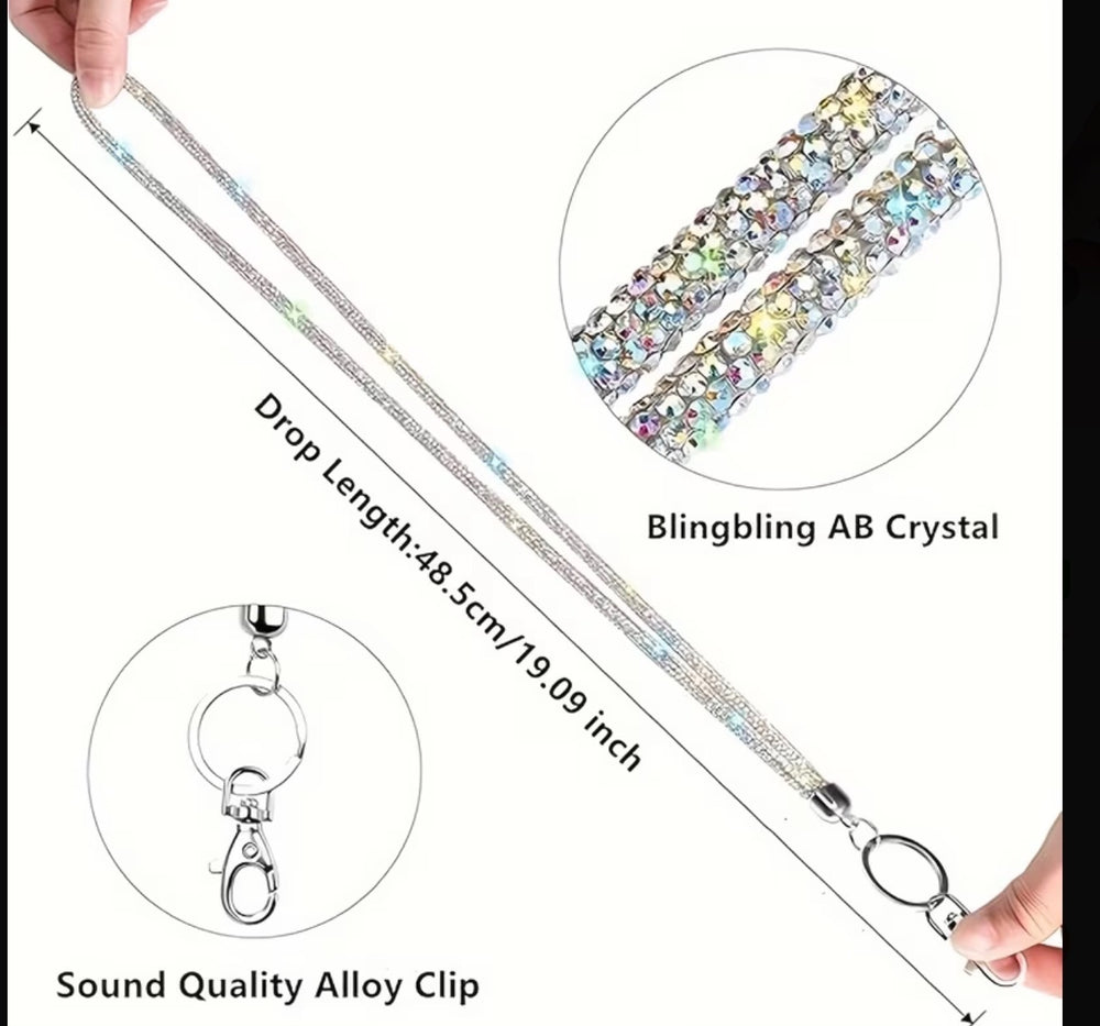 Crystal rhinestone lanyard with holographic sparkle finish and key clip