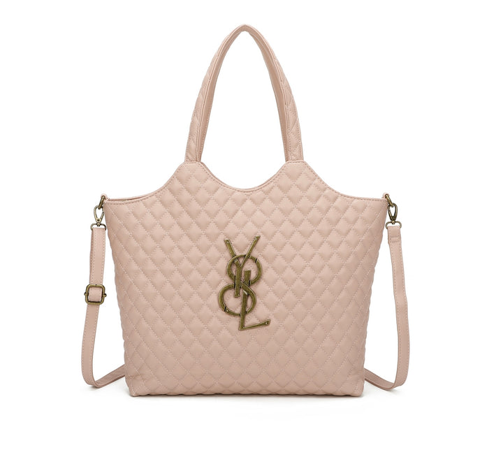 Pink large size quilted bag with gold detailed hardware and long adjustable removable strap