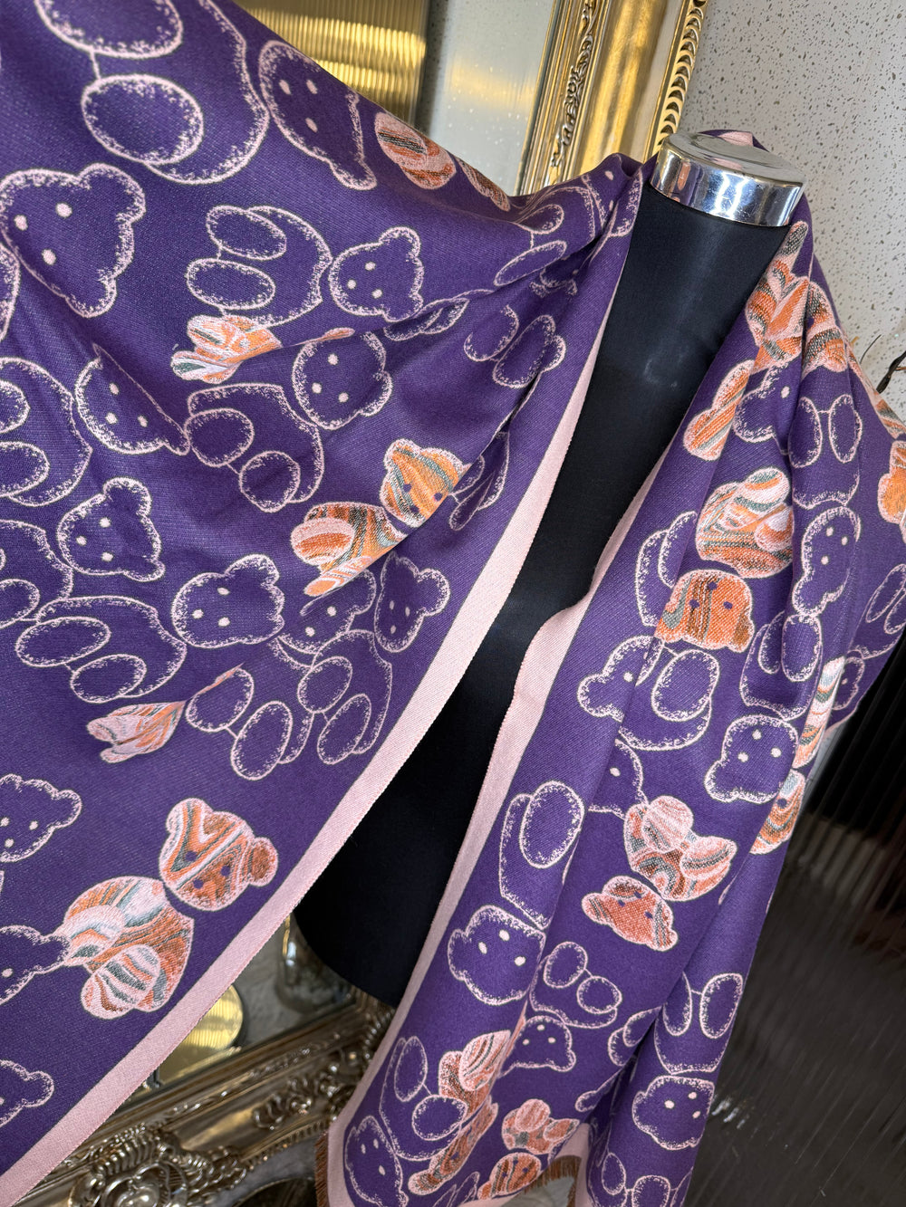 Purple scarf with a teddy detail print 