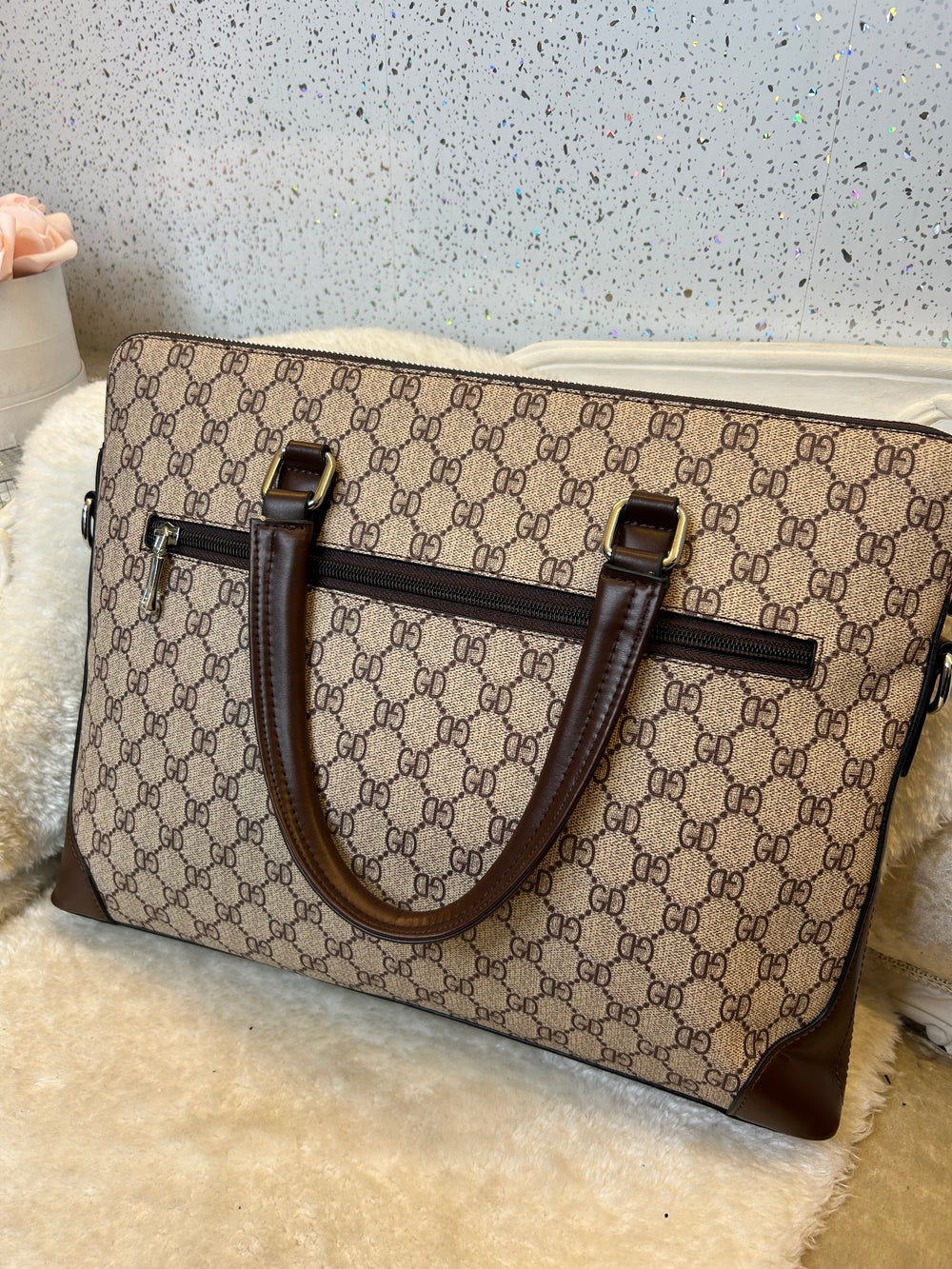 Brown and beige patterned laptop case handbag 