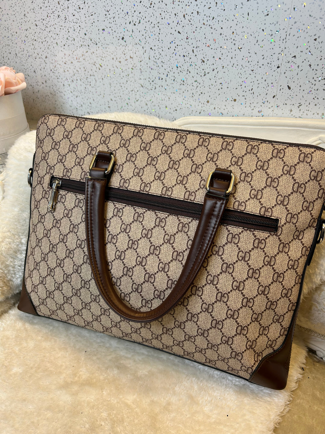 Brown and beige patterned laptop case handbag 