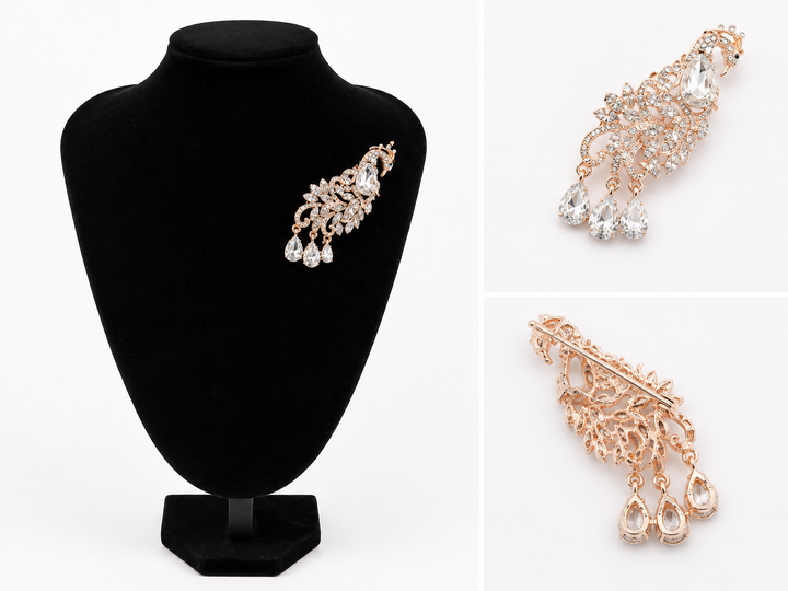 Crystal bird statement brooch with floral detailing available in rose gold, gold and silver