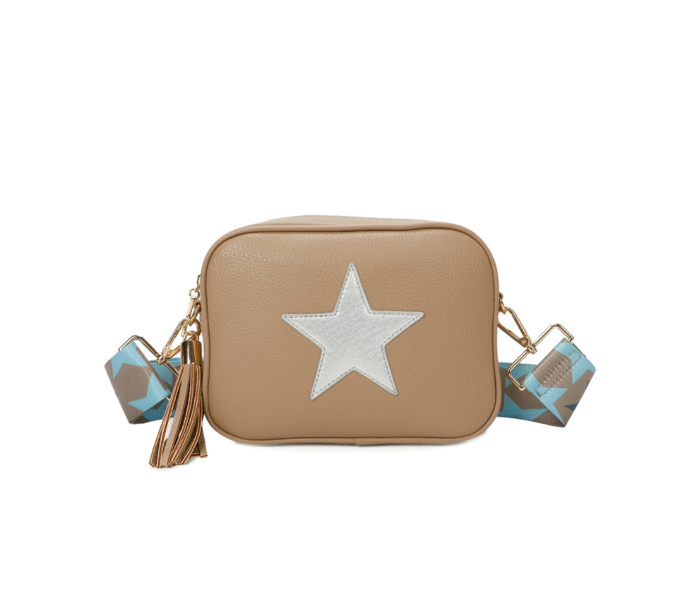 Star detail crossbody bag with wide strap and compact design