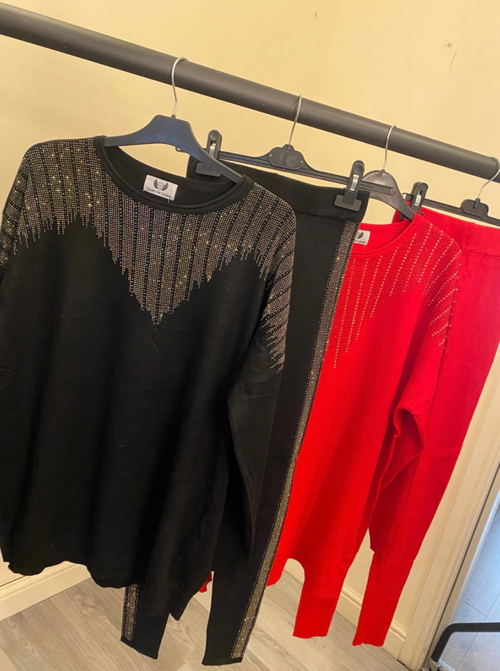 Crystal detailed black and red legging lounge set 