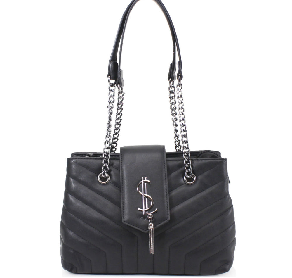 Black quilted medium size handbag with metal hardware, chain straps and flap closure