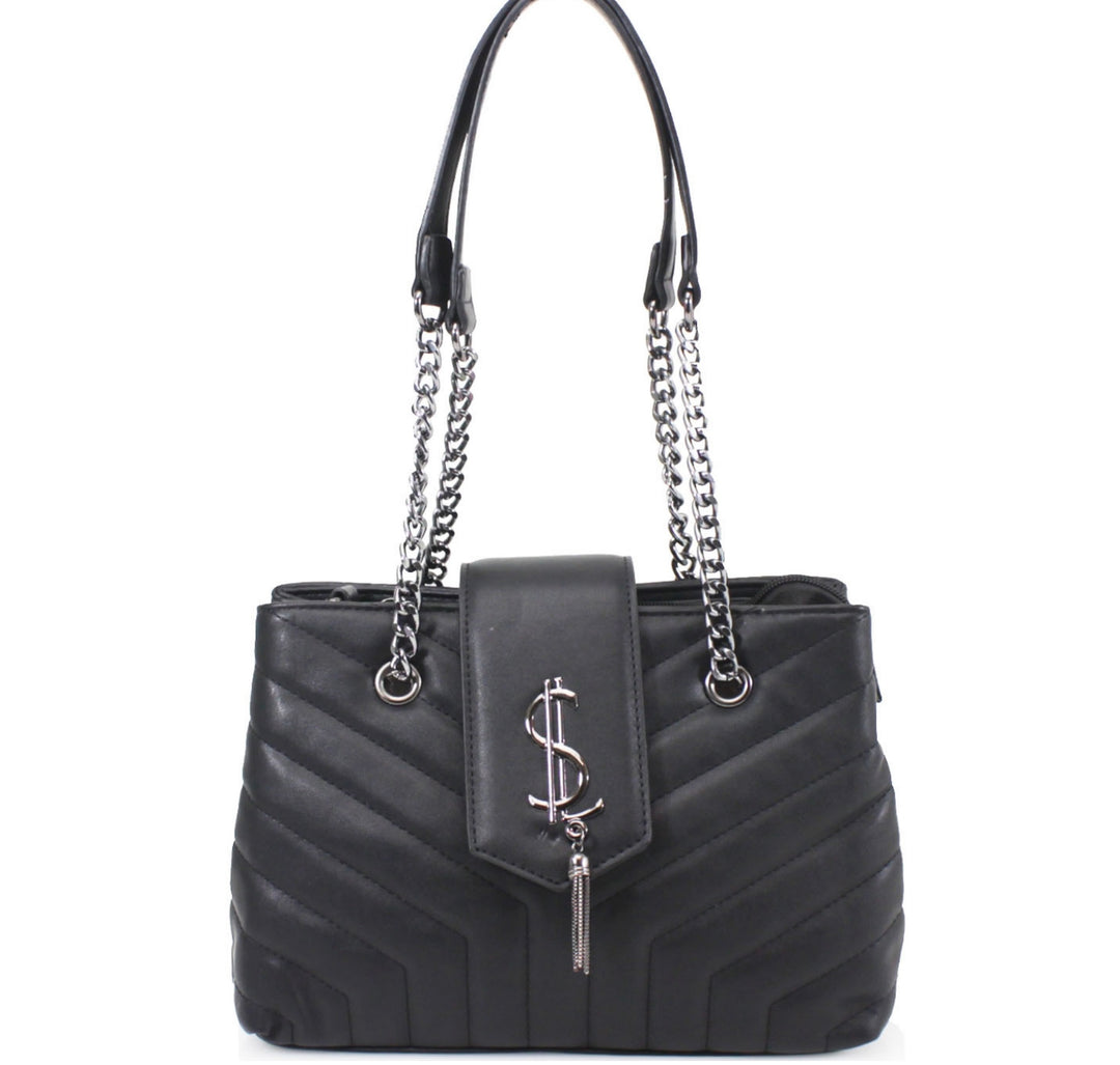 Black quilted medium size handbag with metal hardware, chain straps and flap closure