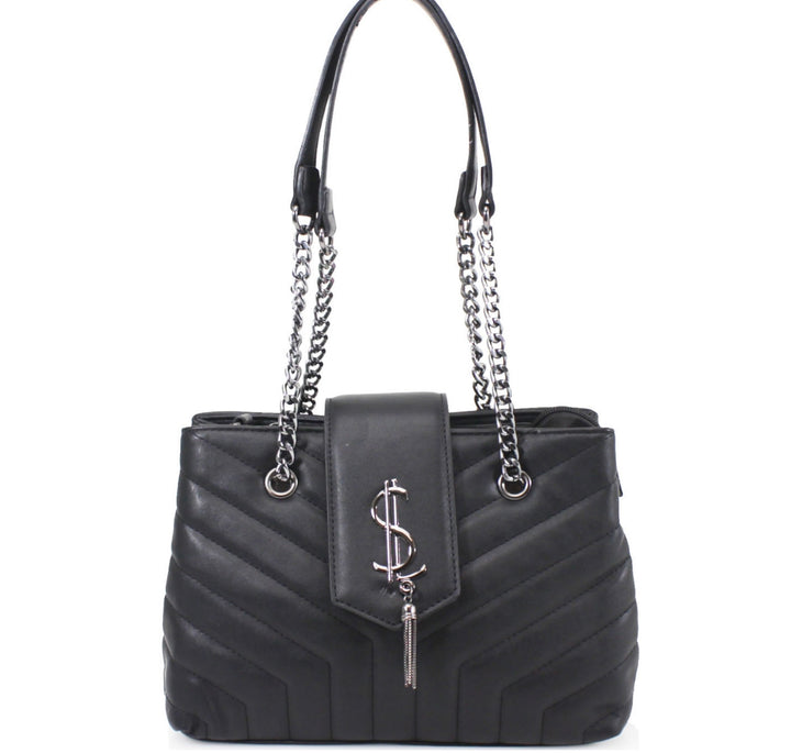 Black quilted medium size handbag with metal hardware, chain straps and flap closure