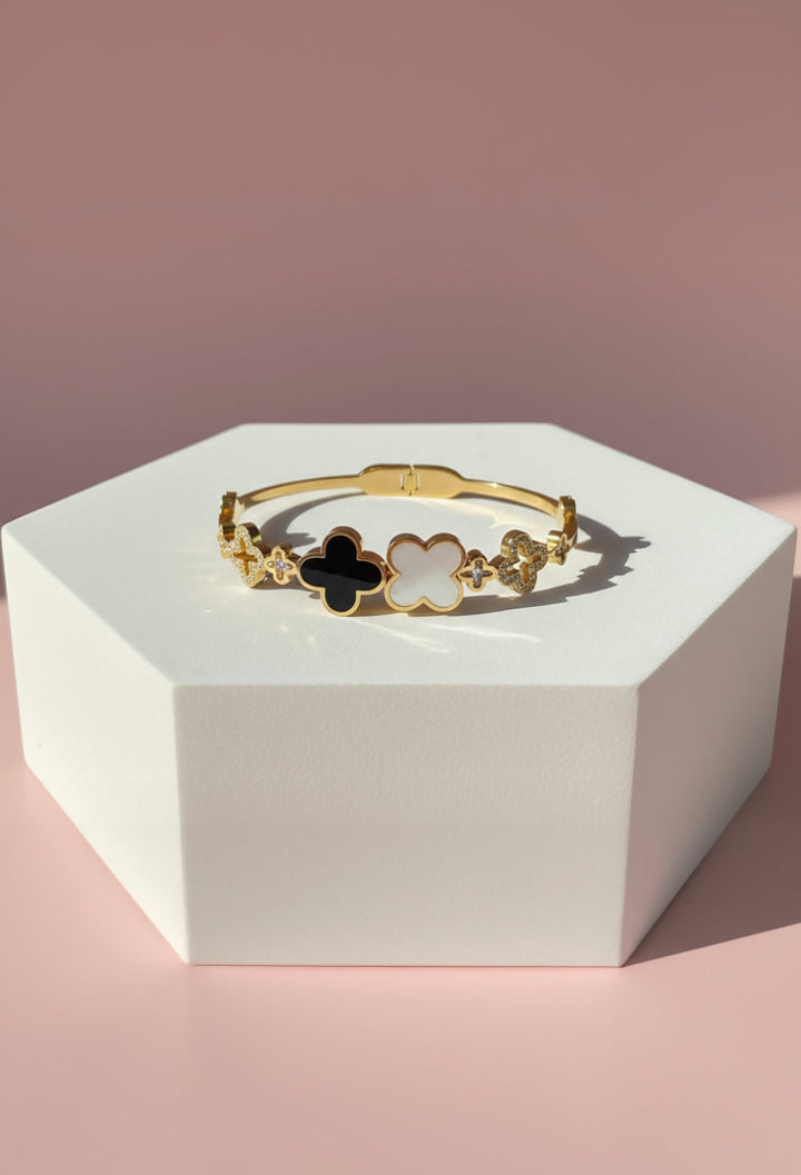 Stainless Steel Black Clover Crystal Stacking Bangle