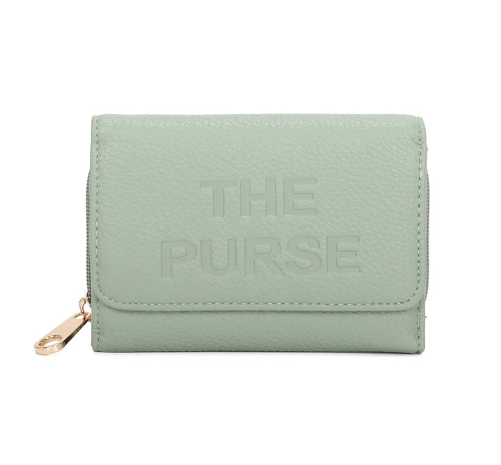 Green faux leather purse with embossed ‘THE PURSE’ lettering and gold zip detail