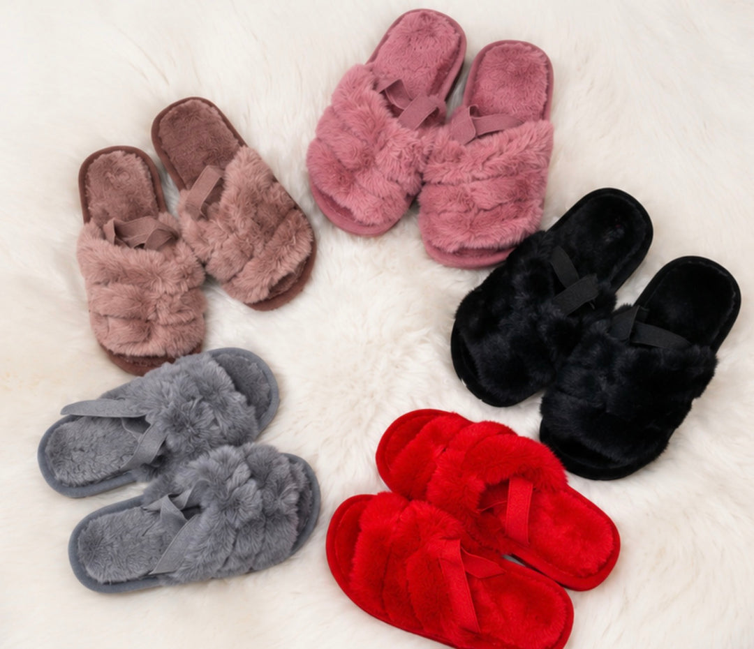 fluffy cross strap slippers with open toe style and elastic heel strap
