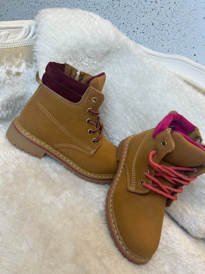 Girls camel lace-up boots, children’s everyday boots side view