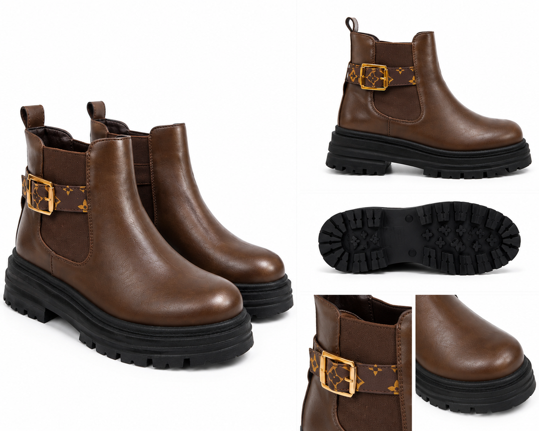 Chocolate brown chunky Chelsea ankle boots with patterned buckle strap and black cleated sole