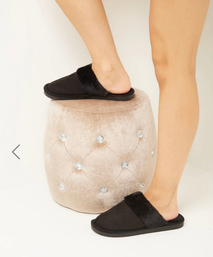 Black faux fur slip on slippers 