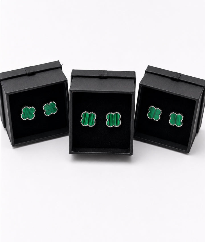 Green clover shaped stud earrings with striped stone effect centre and silver tone beaded edging