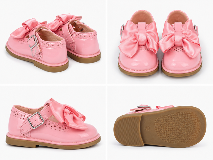Pink baby girls formal shoes with elegant satin bow accents 
