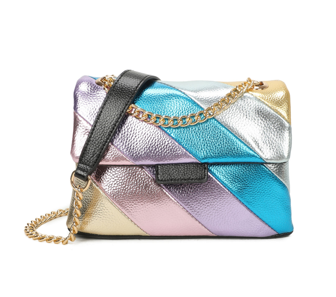 Multicolored quilted handbag with a chain strap on a white background