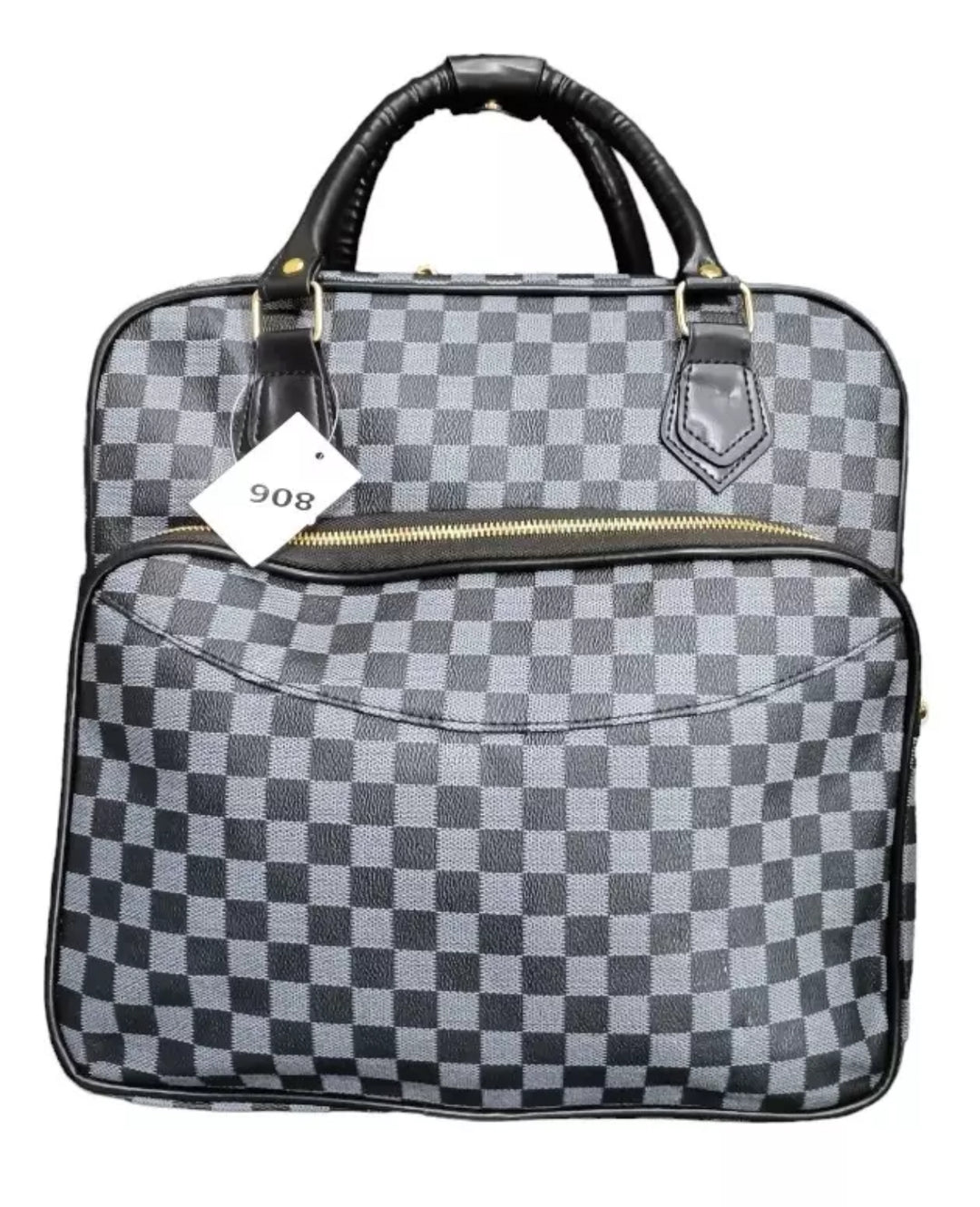 Grey checkered bags/ luggage bag with different coloured handles 