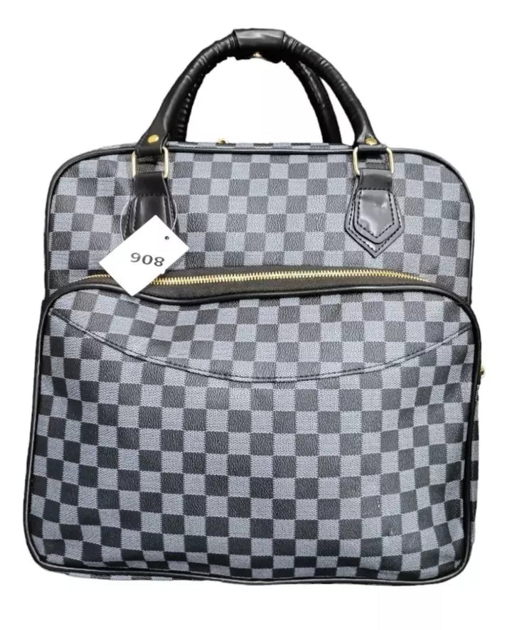 Grey checkered bags/ luggage bag with different coloured handles 