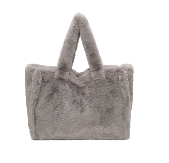 Grey faux fur tote bag with top handles and matching shoulder strap