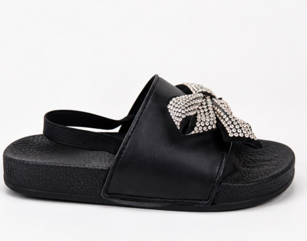 Black girls’ slider sandals with diamanté crystal bow detail and elastic back strap