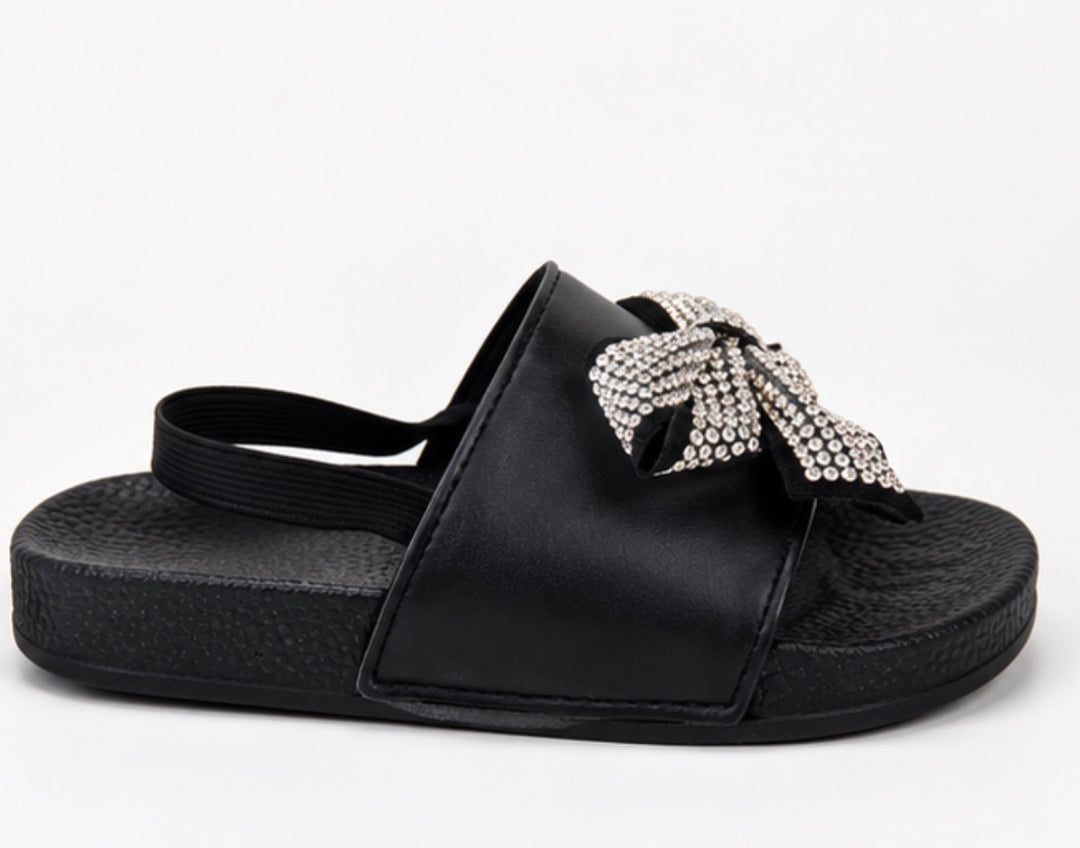 Black girls’ slider sandals with diamanté crystal bow detail and elastic back strap